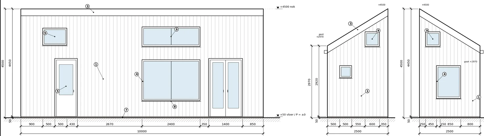 Drie gevels 1:50 met verticale houten beplating, kozijnen, maatvoering en genummerde materialen