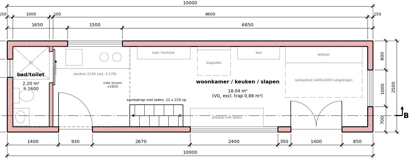 Plattegrond 1:50 van een smal huis van 10 meter lang met badkamer, keuken, trap en een woonruimte met opklapbed, voorzien van maatvoering